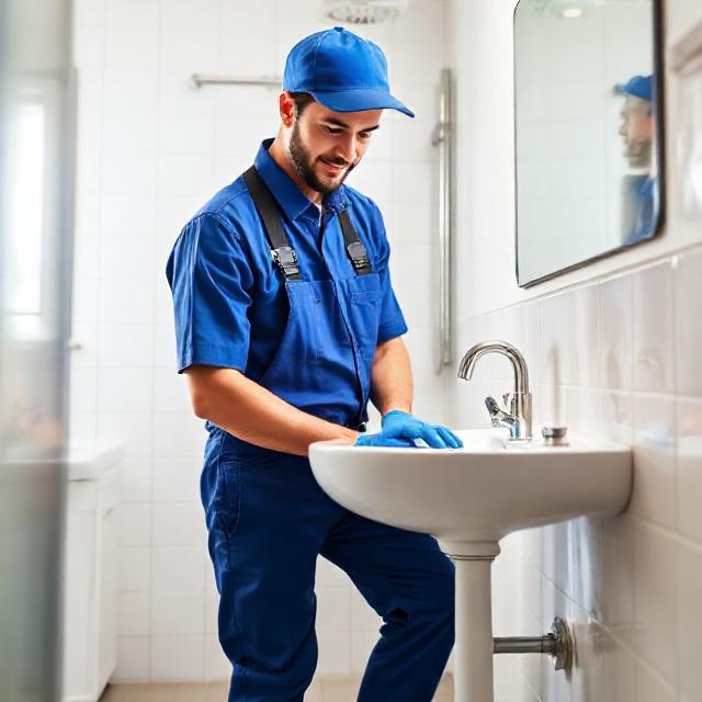 Realistic photo of a professional French plumber in blue uniform fixing a sink in a modern bright bathroom, clean lighting, business website hero image, trustworthy, blue and white color accents